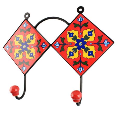 Ceramic Floral Tile Hook in Red